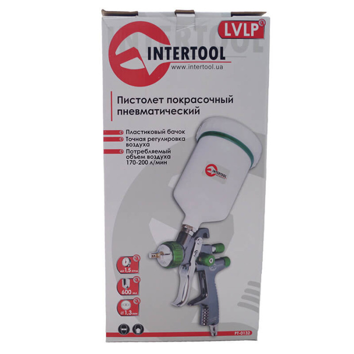 Пневматичний краскопульт LVLP GREEN професійний, з дюзою 1.3мм, INTERTOOL PT-0132