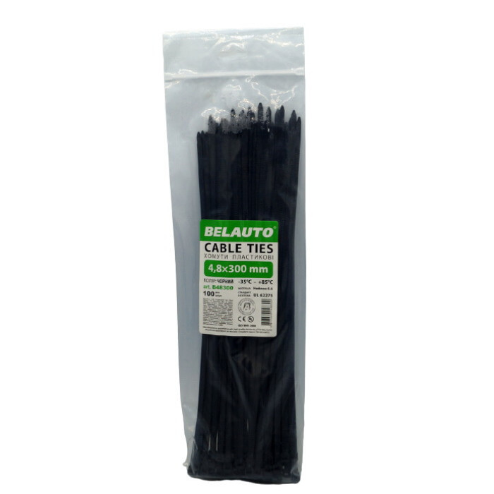 Хомути пластикові чорні 4,8х300мм (100шт) поштучно BELAUTO (арт. B48300)