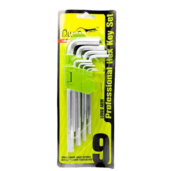 Набір ключів шестигранних з кулею, вигнутих подовжених 9 пр 1.5-10мм Alloid (арт. НШ-О918)