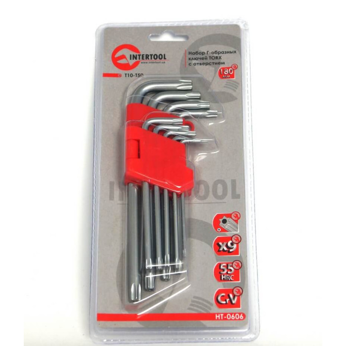 Набір Г-подібних ключів TORX з отвором 9 шт, Т10-Т50, Cr-V, BIG INTERTOOL HT-0606
