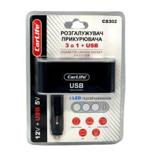 Розгалужувач прикурювача CARLIFE 3в1 + USB CS302, 12В, 4А