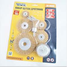 Набір дискових щіток з латунованого рифленого дроту зі стрижнем, 5+1 шт. MASTERTOOL 19-9600