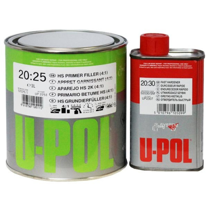 Акриловий ґрунт U-Pol S2025 4+1 білий 1л + затверджувач S2030 швидкий 0,25л (комплект)