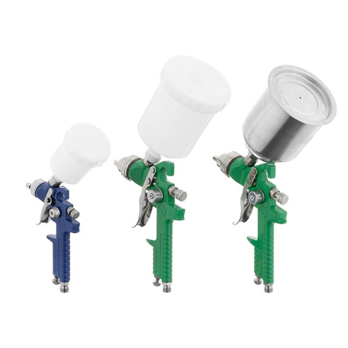 Набір з 3-х фарбопультів HVLP, 0,8мм, 1,3мм, 1,7мм, регулятор тиску, два пластикові та один металевий бачок INTERTOOL PT-1505