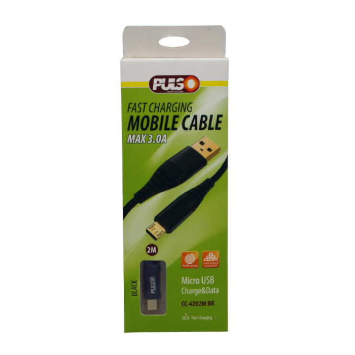 Кабель PULSO USB - Micro USB 3А, 2м, black (швидка зарядка/передача даних) (CC-4202M BK)