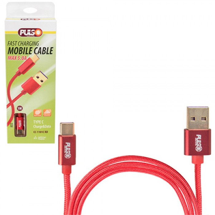 Кабель PULSO USB - type c 5а, 1м, red (супер швидка зарядка/передача даних) (CC-1101C RD)