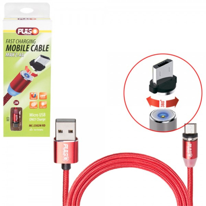 Кабель магнітний PULSO USB-Micro USB 2,4А, 2m, red (MC-2302M RD)