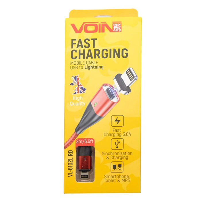 Кабель магнітний VOIN USB - Lightning 3A, 2m, червоний (швидка зарядка/передача даних)