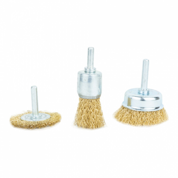 Набір дротяних щіток 3шт Ø25; 50; 50мм хвостовик Ø6мм (латунированная) GRAD 9029015