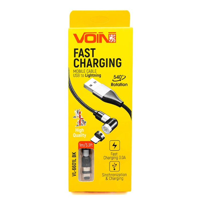 Кабель магнітний шарнірний VOIN VL-6601L BK USB - Lightning 3А, 1м, black (швидка зарядка/передача даних)