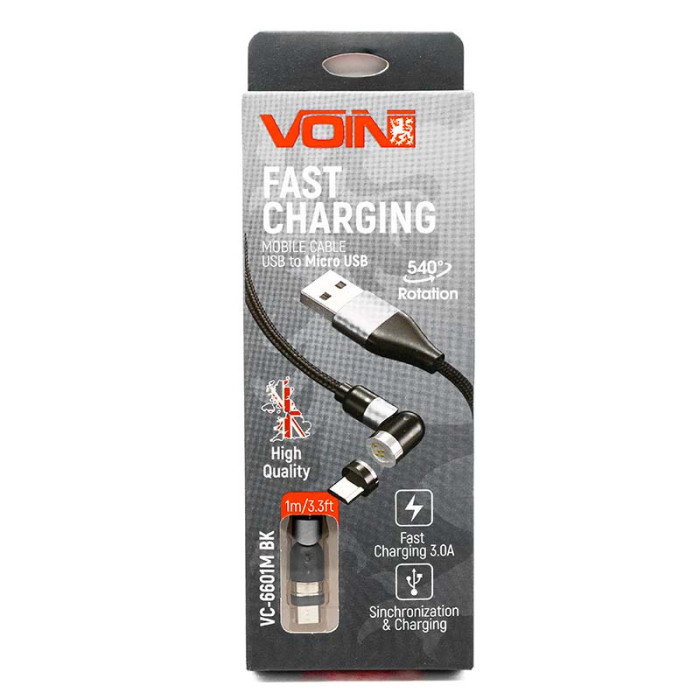 Кабель магнітний шарнірний VOIN USB - Micro USB 3A, 1m, black Fast charging