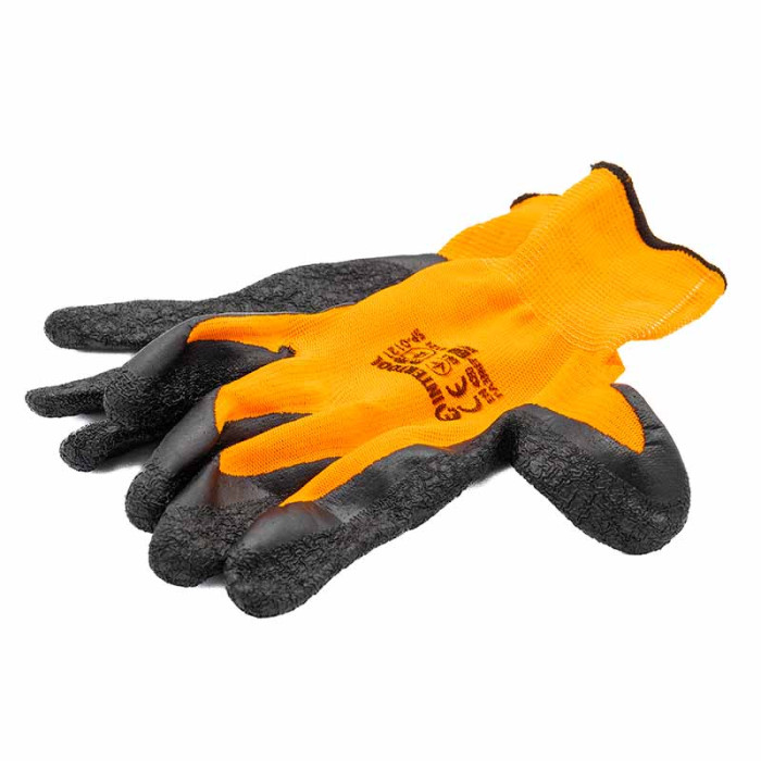 Рукавичка синтетична помаранчева, вкрита чорним латексом рифленим INTERTOOL розмір 10 (SP-0121)