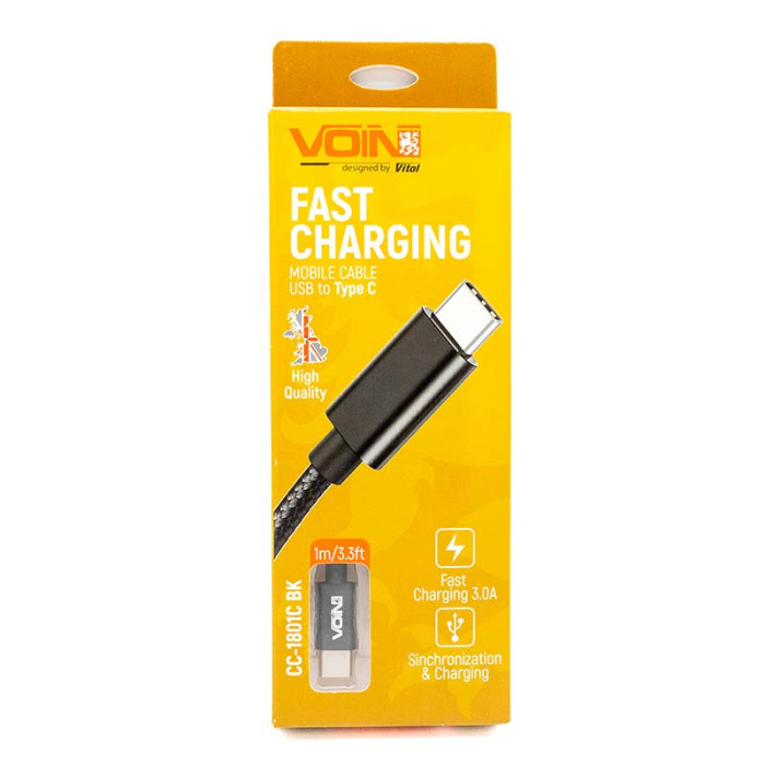 Кабель VOIN USB - Type C 3A, чорний 1m, Fast charging (CC-1801C BK)