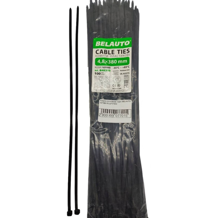 Хомути пластикові чорні BELAUTO 4,8*380мм ПОШТУЧНО (арт. B48380)