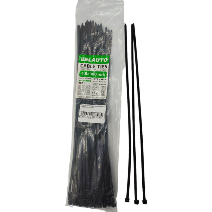 Хомути пластикові чорні BELAUTO 4,8*380мм ПОШТУЧНО (арт. B48380)