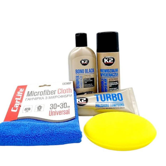 Набір К2 догляду за кузовом (антидощ + засіб для пластику та гуми + антиподряпин + аплікатор та мікрофібра)
