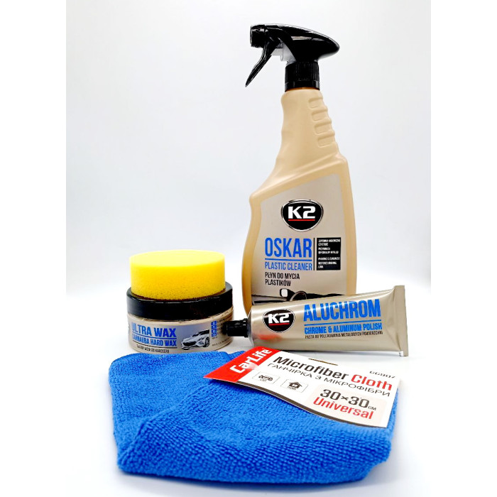 Набір К2 для блиску: віск твердий + паста для хрому та очищувач пластику (мікрофібра в комплекті)