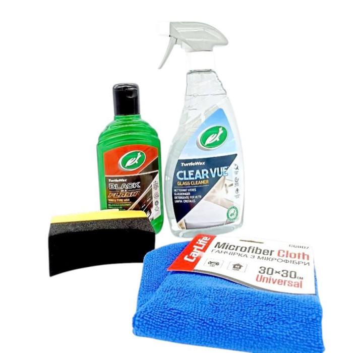 Набір для очищення Turtle Wax: очисник скла + засіб для пластику та гуми (аплікатор та мікрофібра)